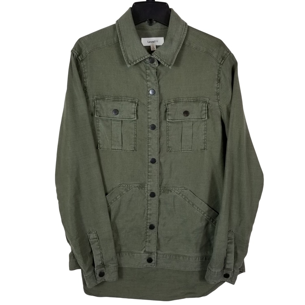 Level 99 Shirt Jacket Women Size S Olive Green Linen Blend Utility Shacket‎